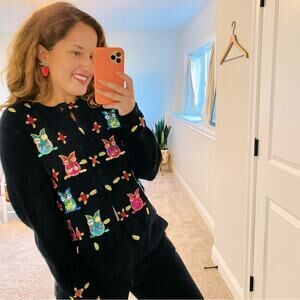 Vintage Jack B. Quick Black Owl Beaded Cardigan Sweater Medium